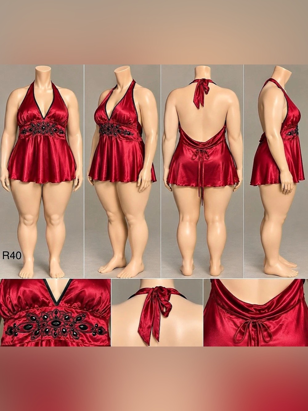 Heart & Soul Satin Halter Babydoll Chemise Red & Black XL